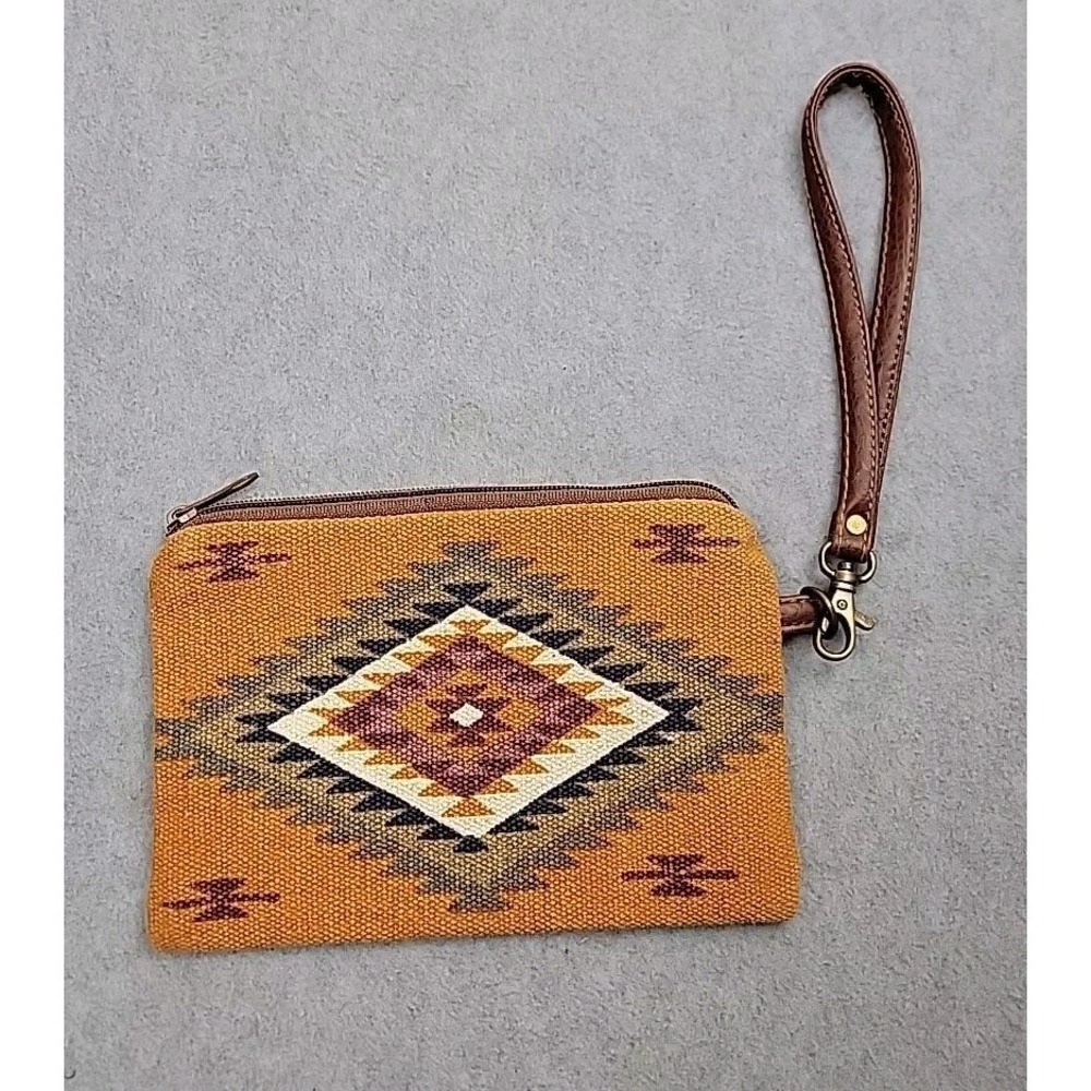 Pine Creek Wristlet Women Small Mustard Yellow Southwestern Woven Boho Pouch Bag